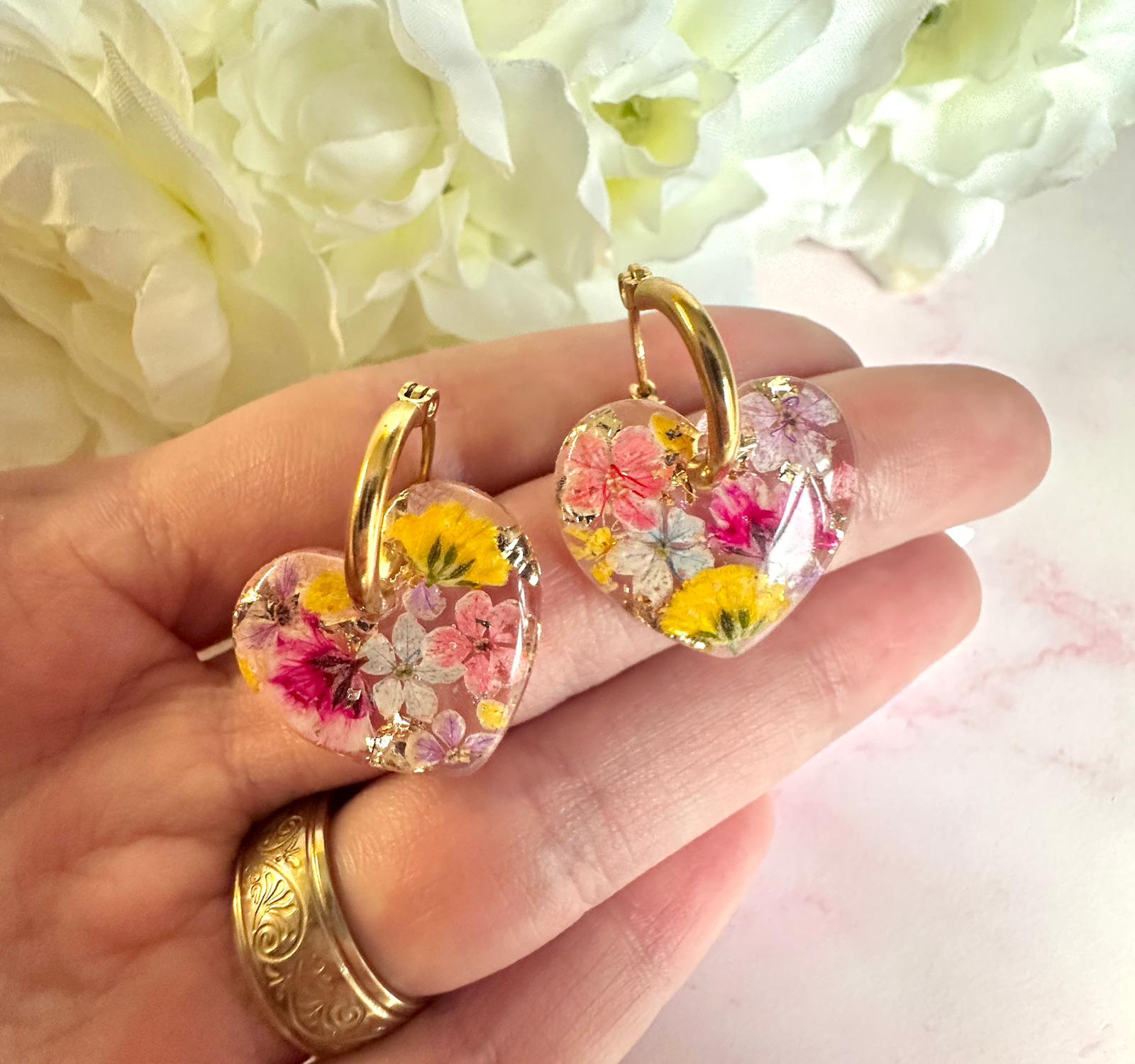 Spring Cocktail Bloom Heart hoop Earrings.