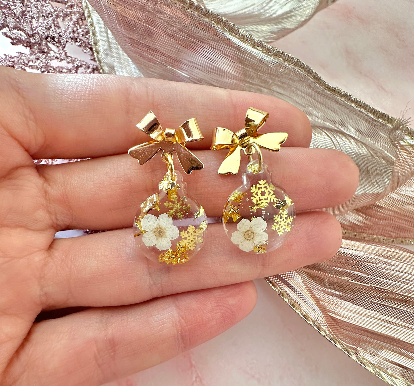Gold White bloom Bauble Drop earrings.