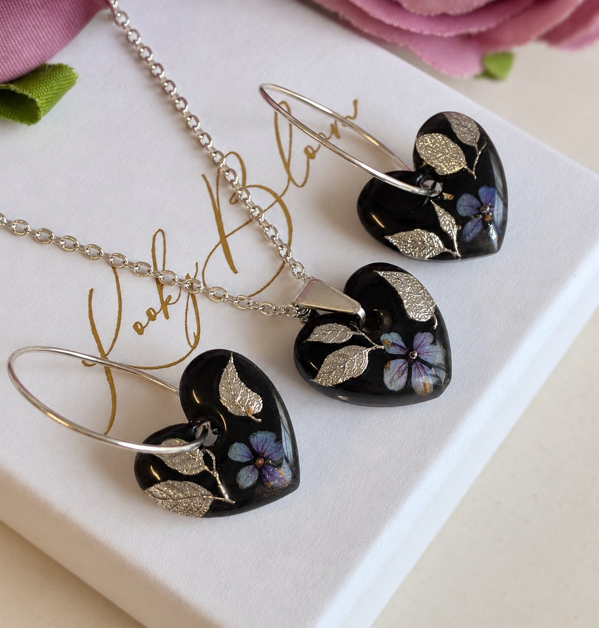 Mini Mystical Dark Bloom Heart Hoop earrings.