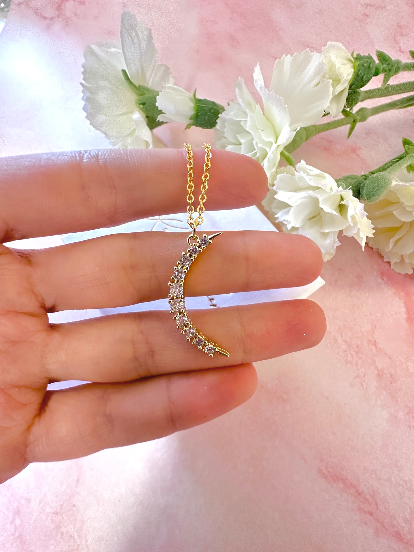 Gold Cz Long Moon Necklace.
