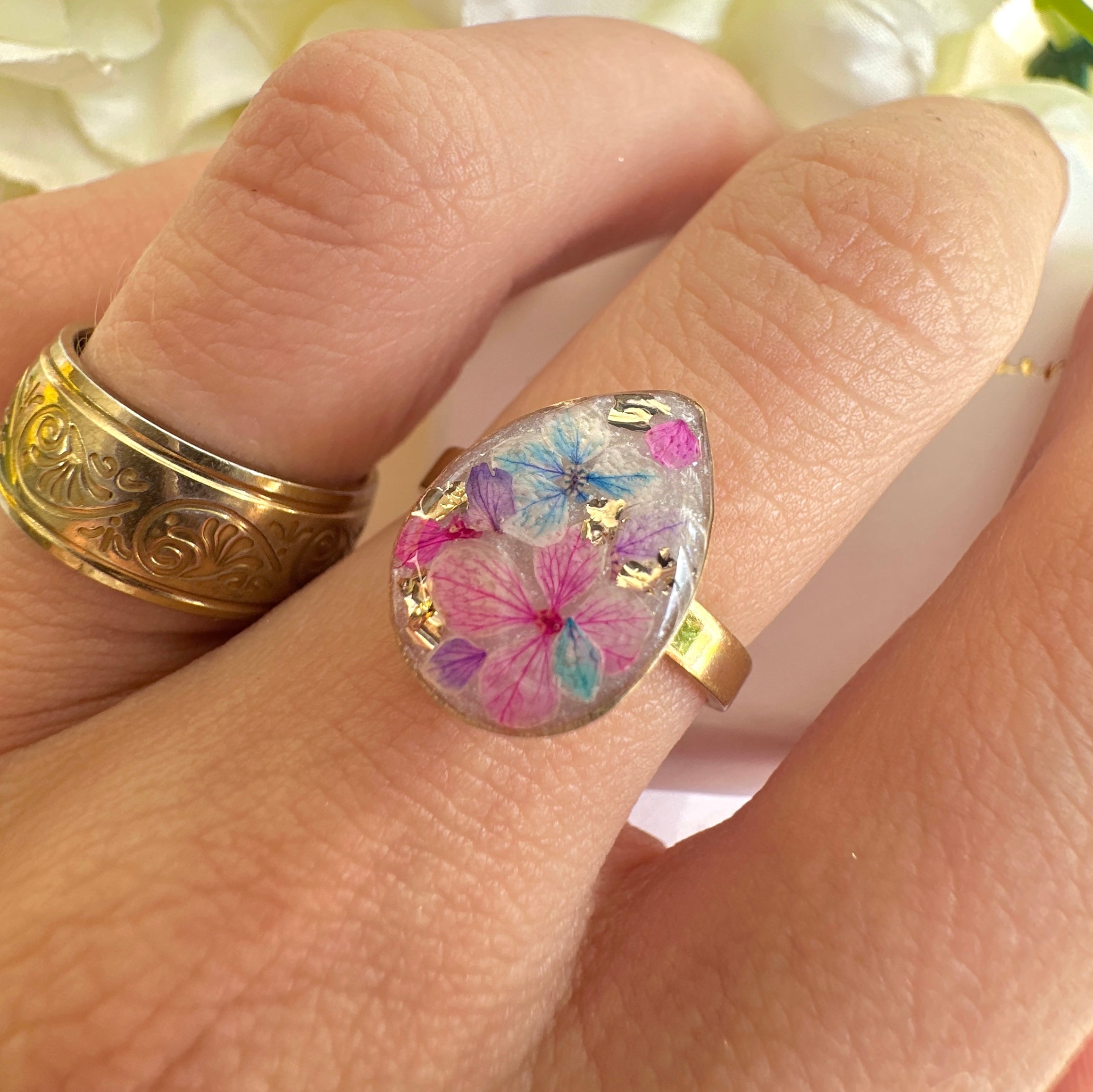 Gold Pink Blue Blossom flower Teardrop ring.