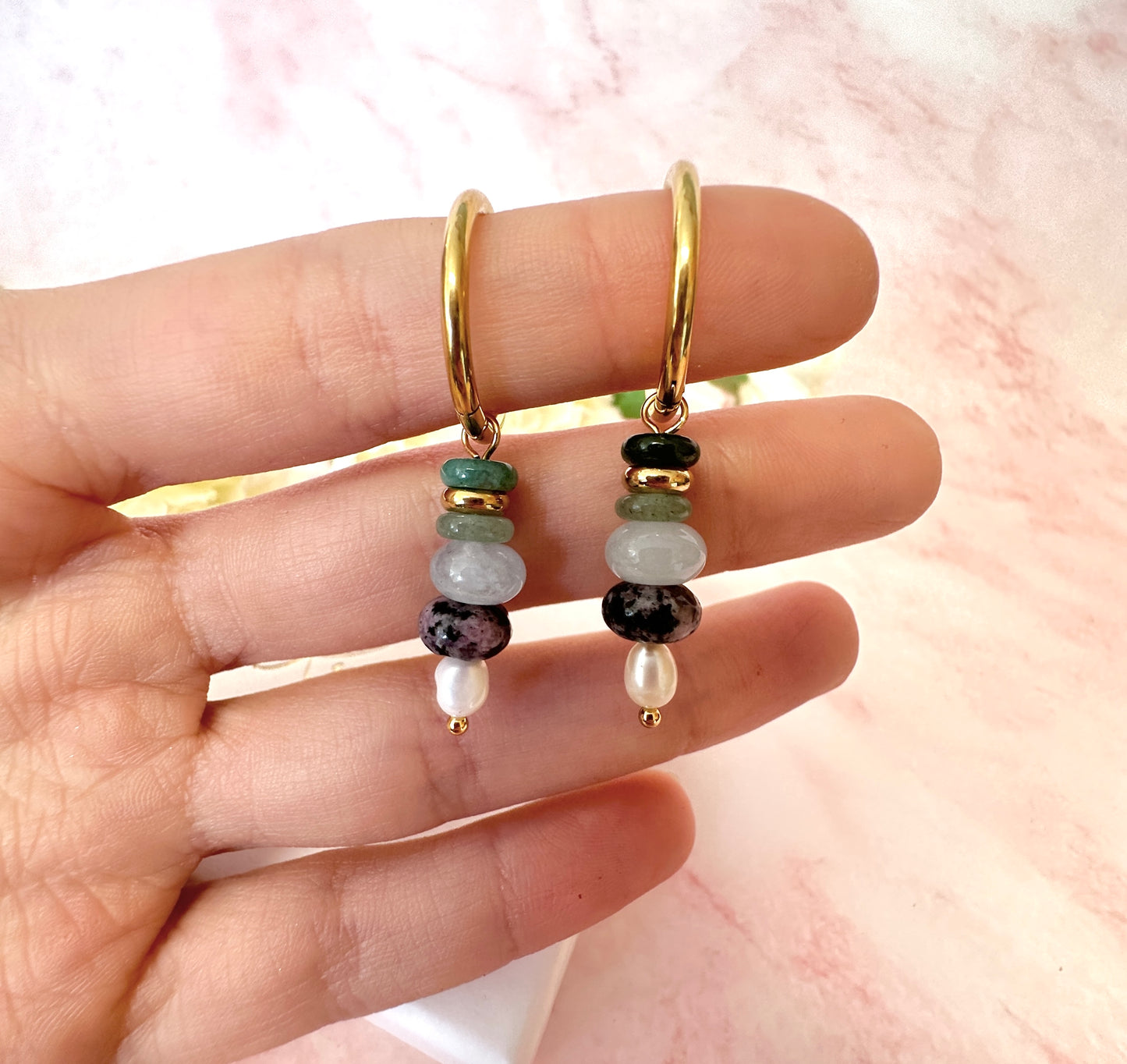 Gold natural gemstone bead drop hoop earrings .