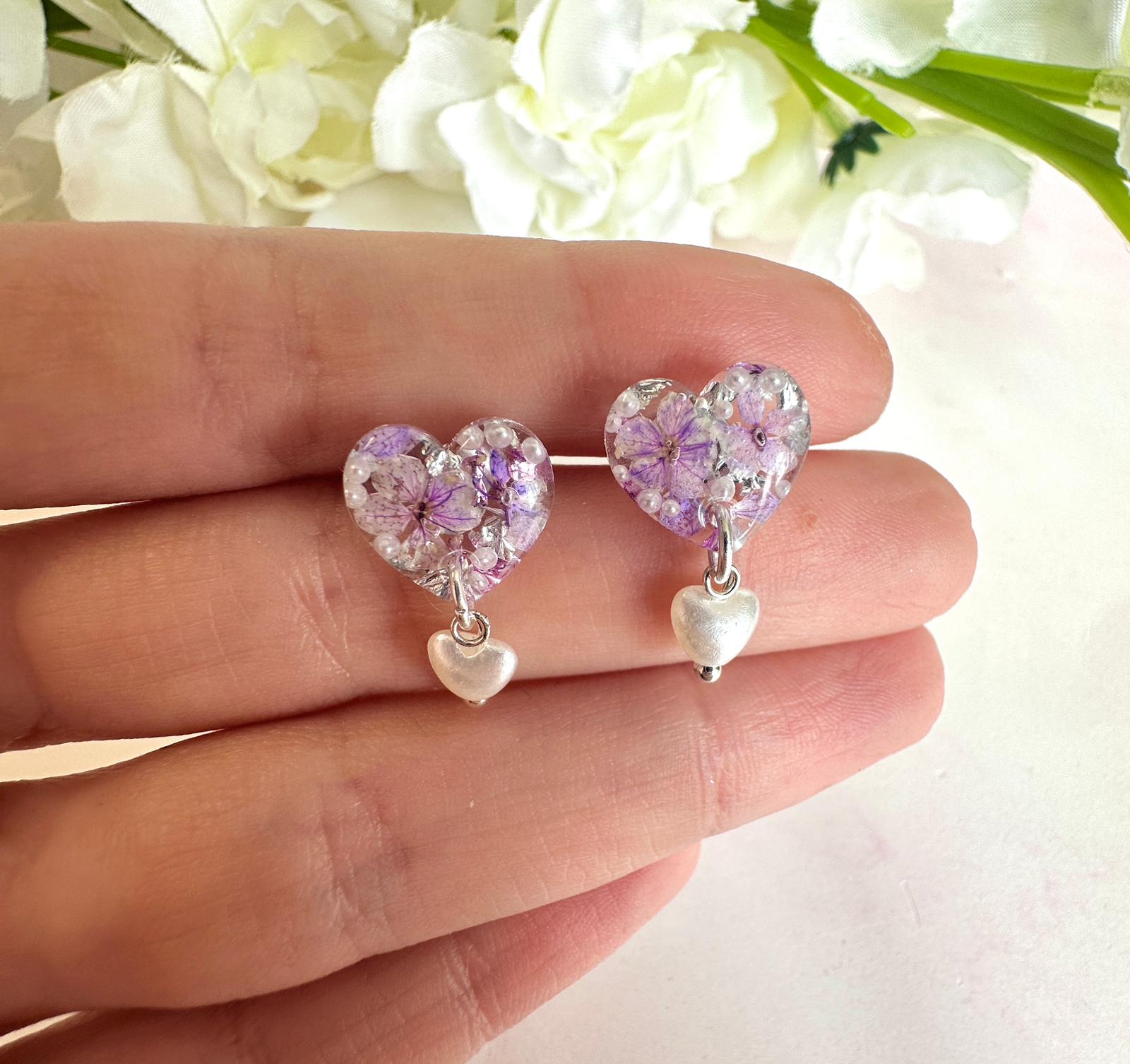 Lilac bloom Heart Pearl drop 925 sterling silver stud earrings