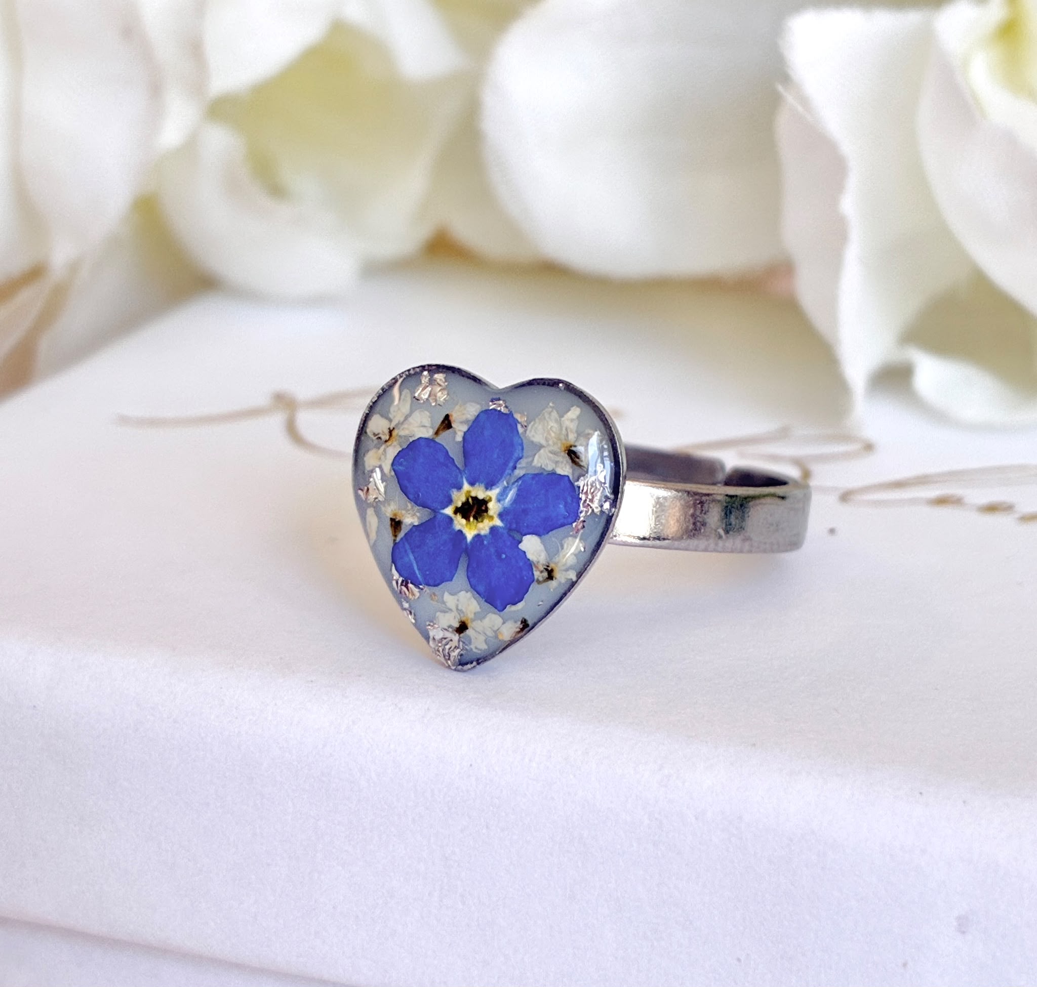 Silver Forget me not flower Heart ring.