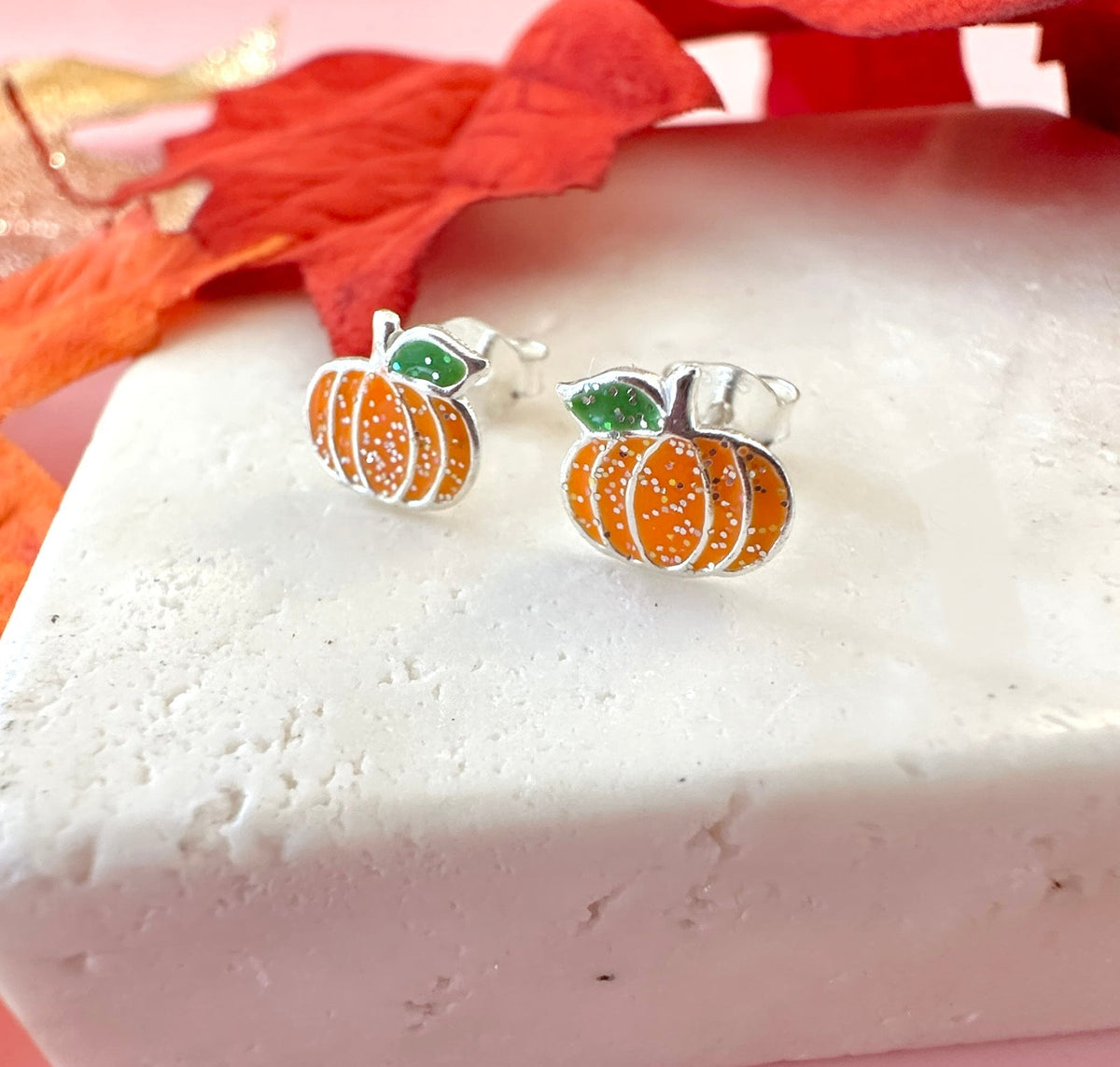 925 sterling silver Orange sparkly pumpkin studs.