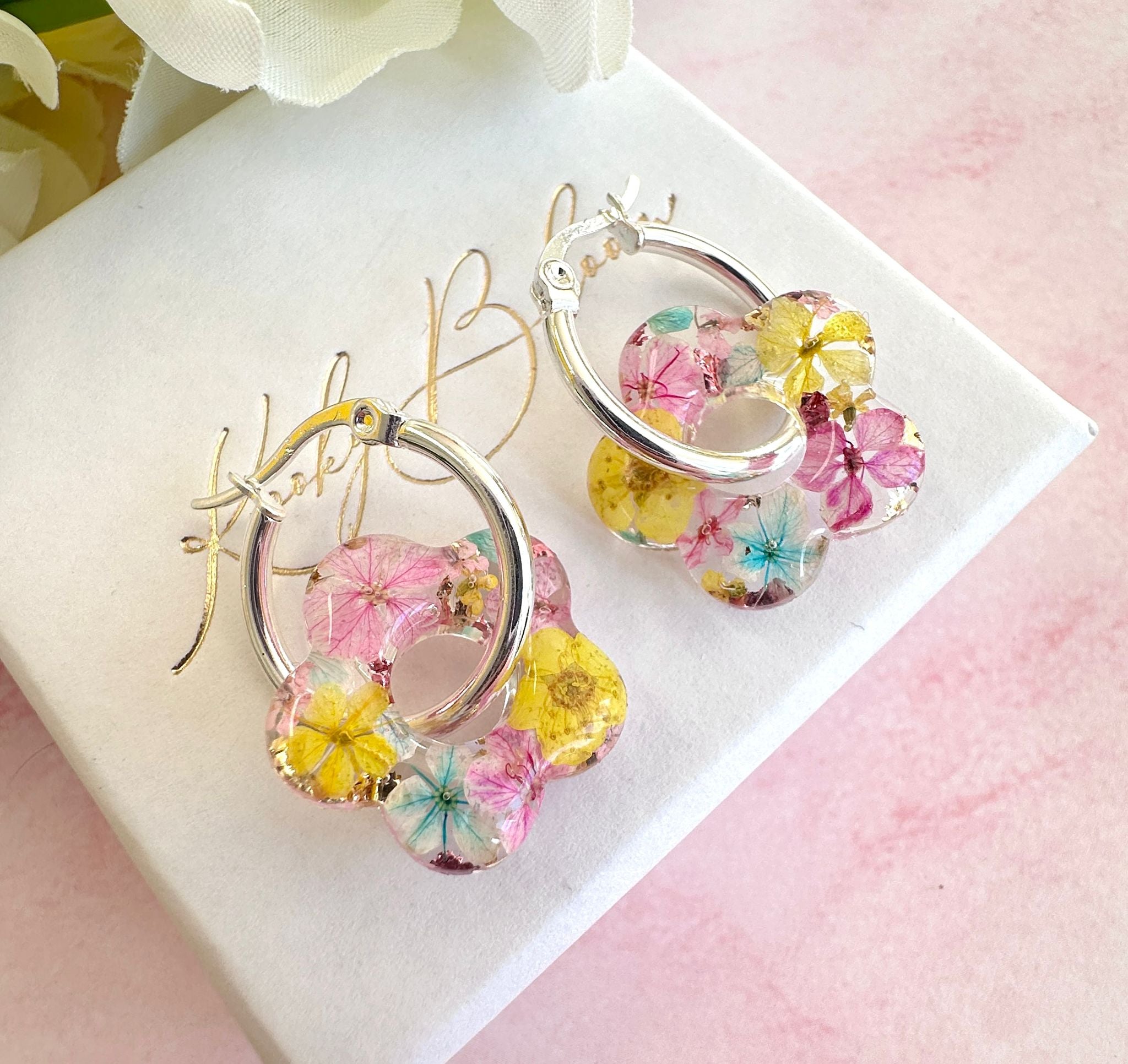 Cotton Candy Bloom flower hoop earrings.