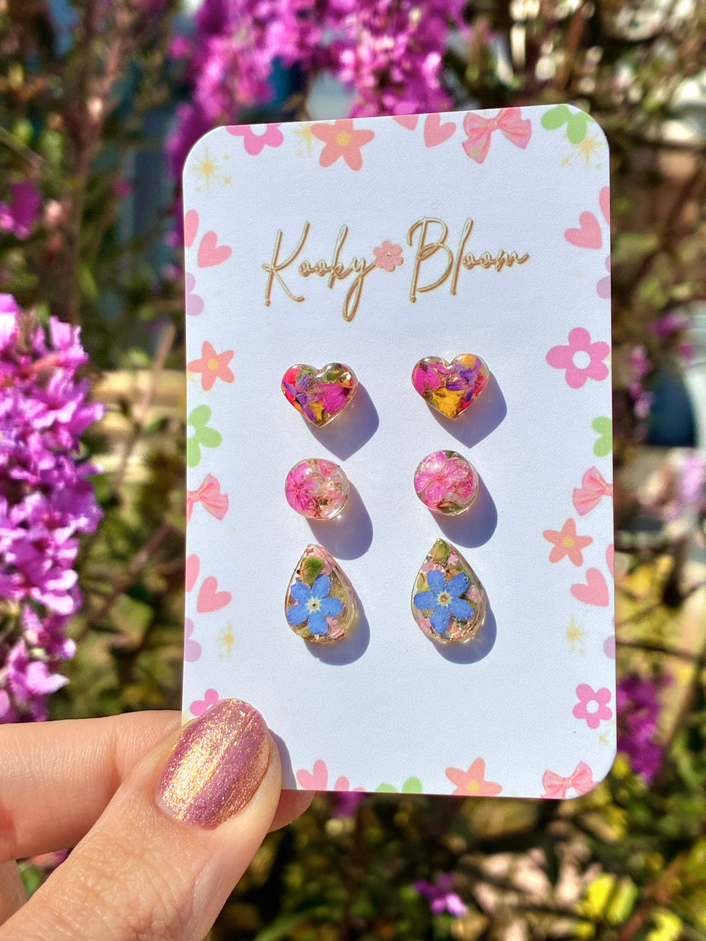Real flower 3 pack Stud Earrings set.