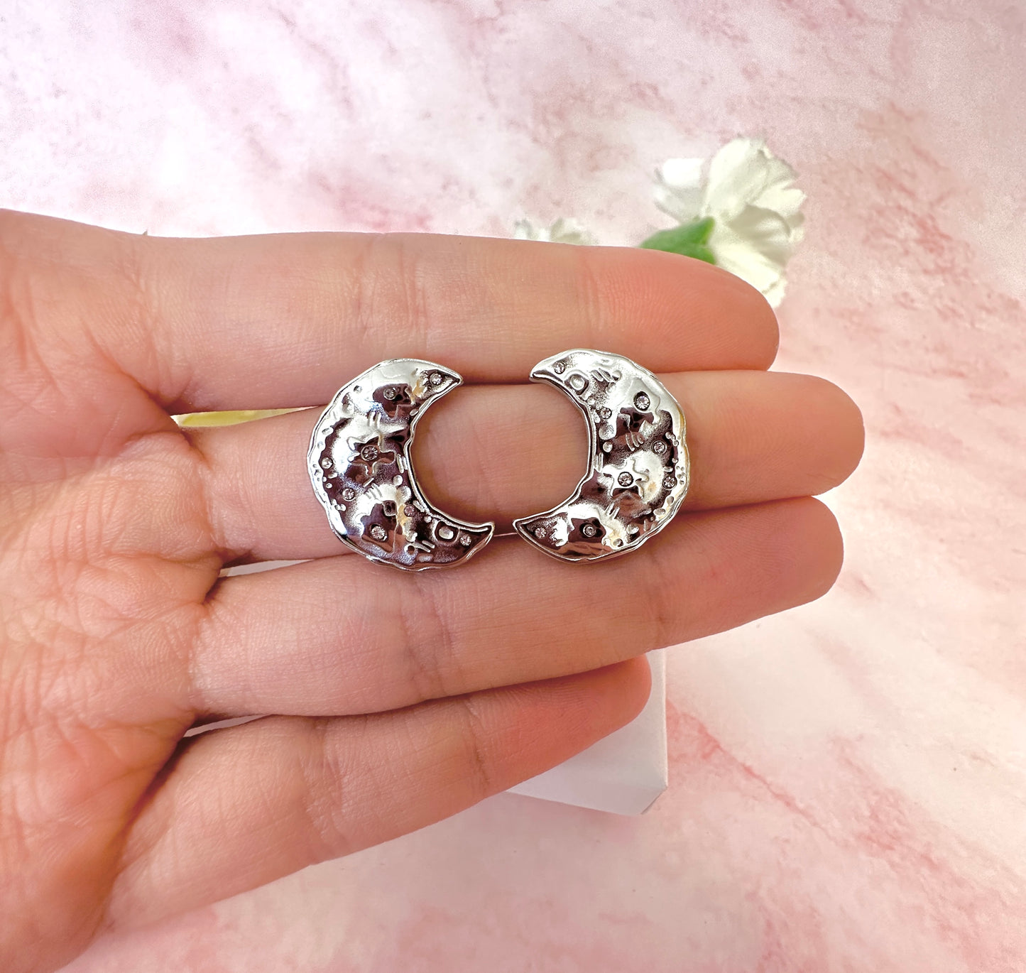Silver oversized organ CZ Moon stud earrings .