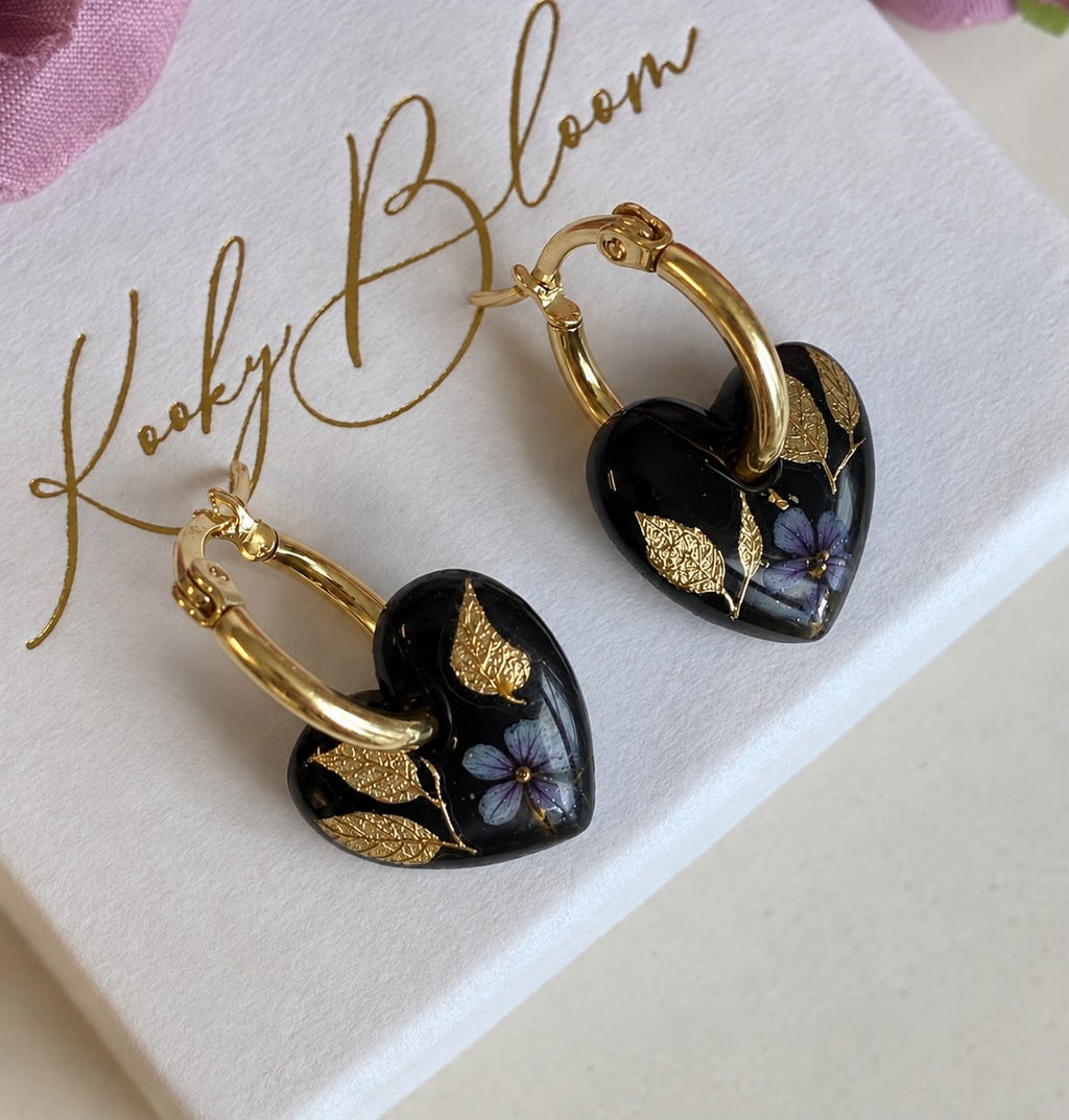 Mini Mystical Dark Bloom Heart Hoop earrings.