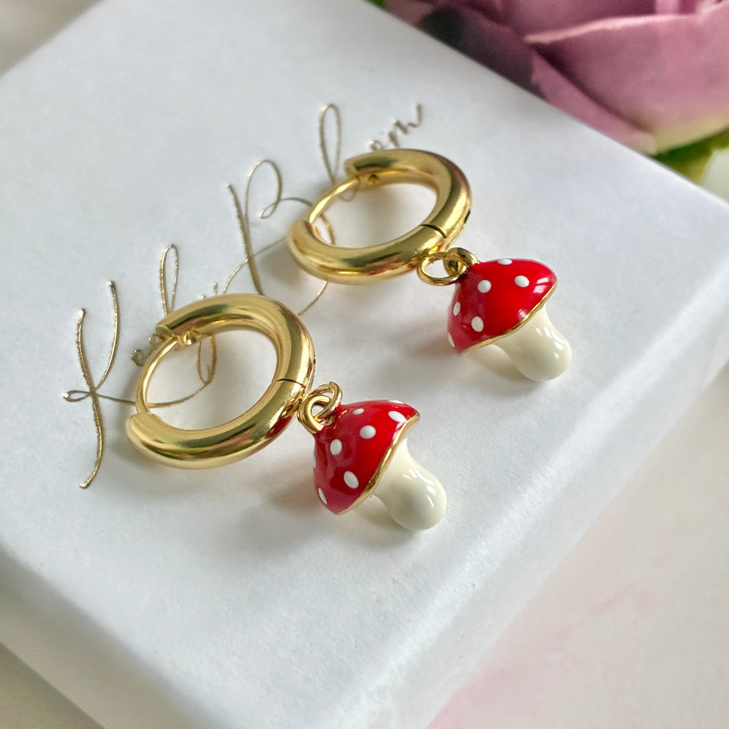 Gold Enamel Toadstool chunky huggie earrings.