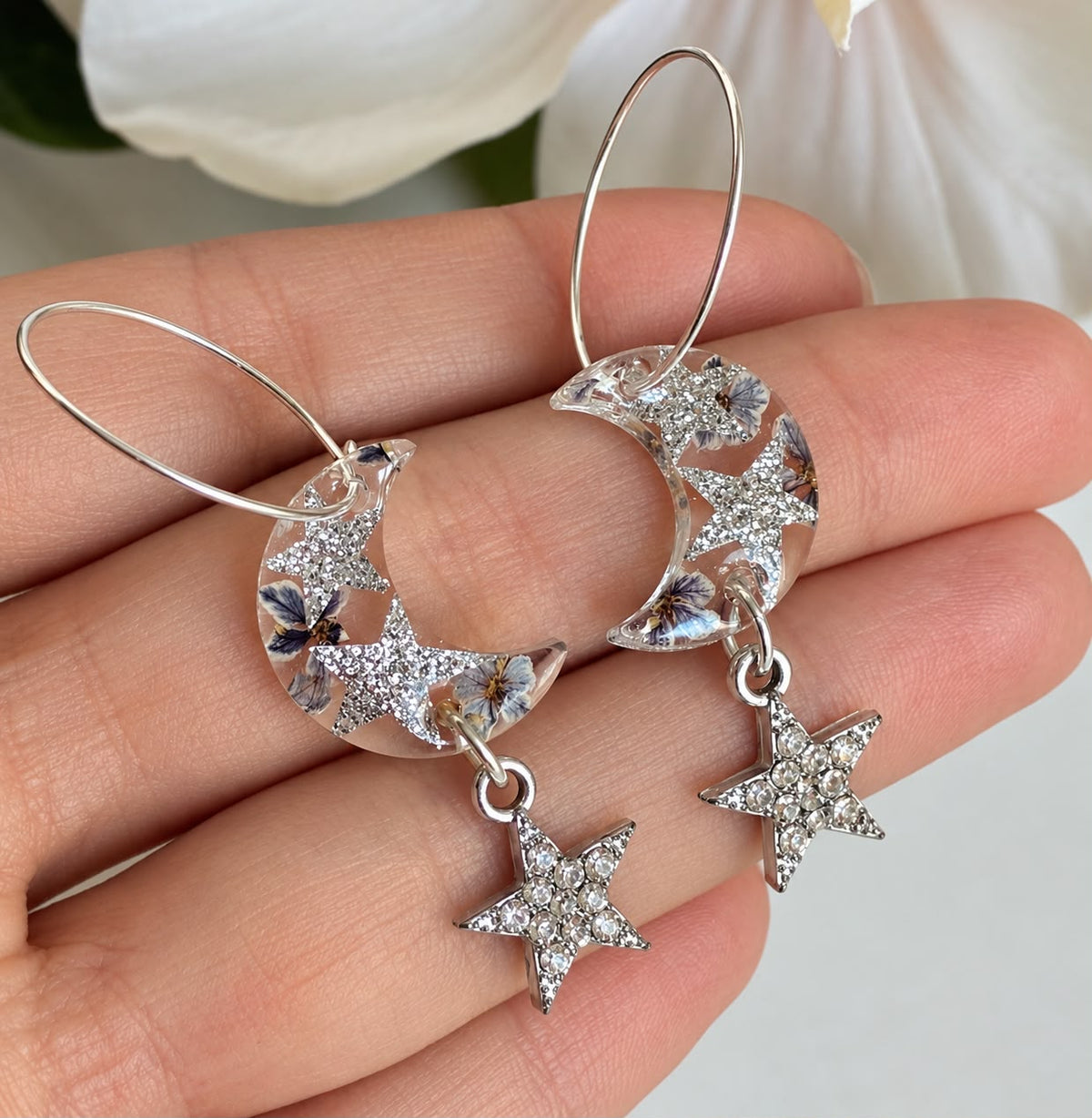 Star Dust Bloom moon hoop earrings