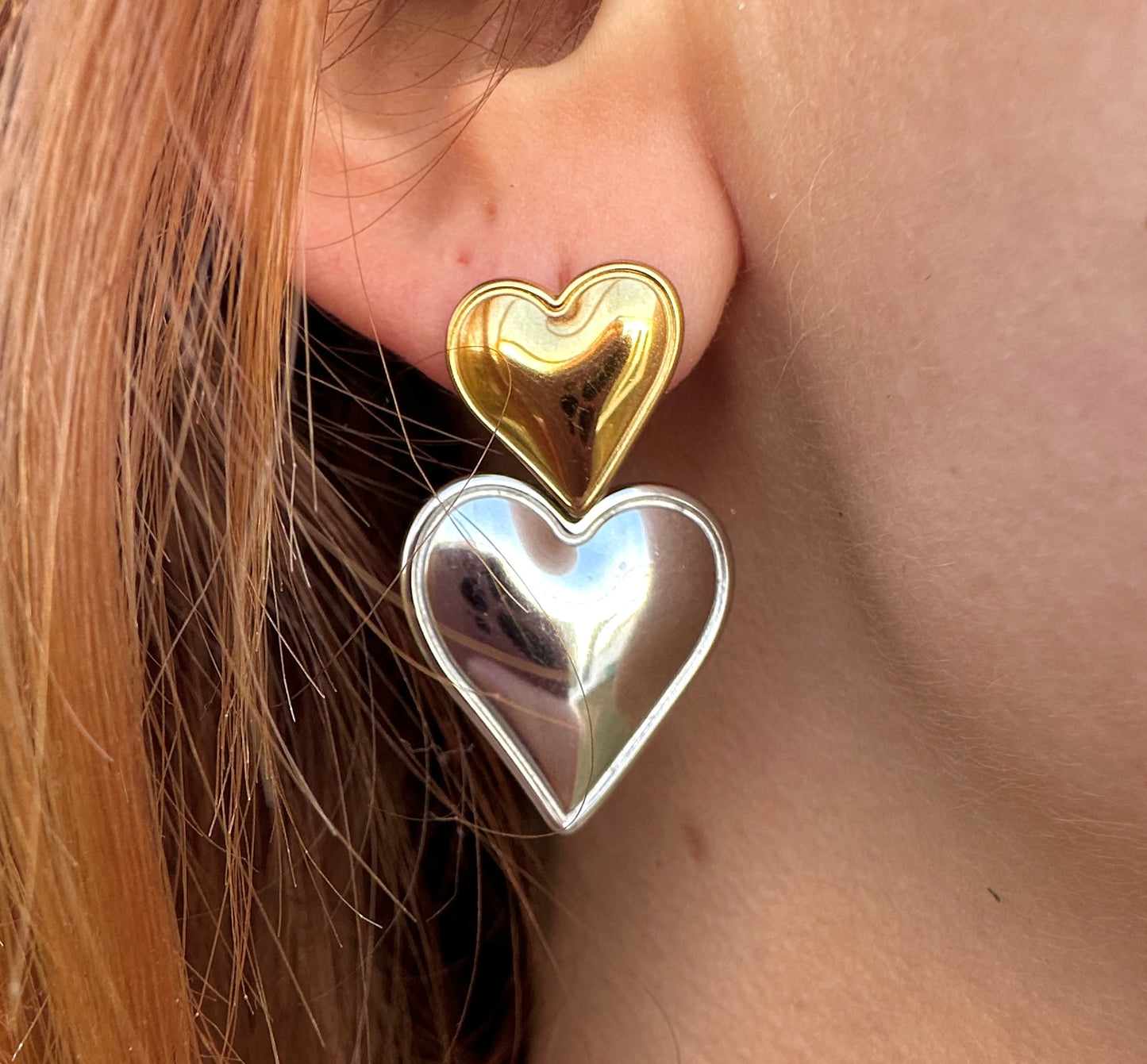 Gold Silver Double heart drop earrings.