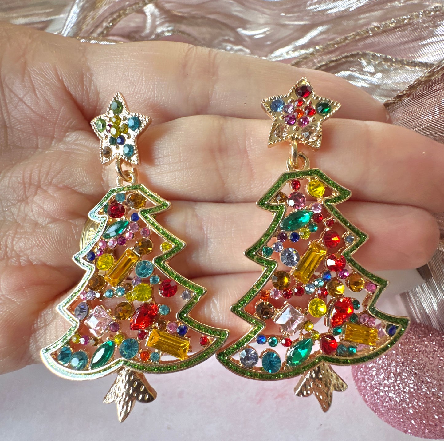 Gold large Bling multicoloured Christmas tree earrings.