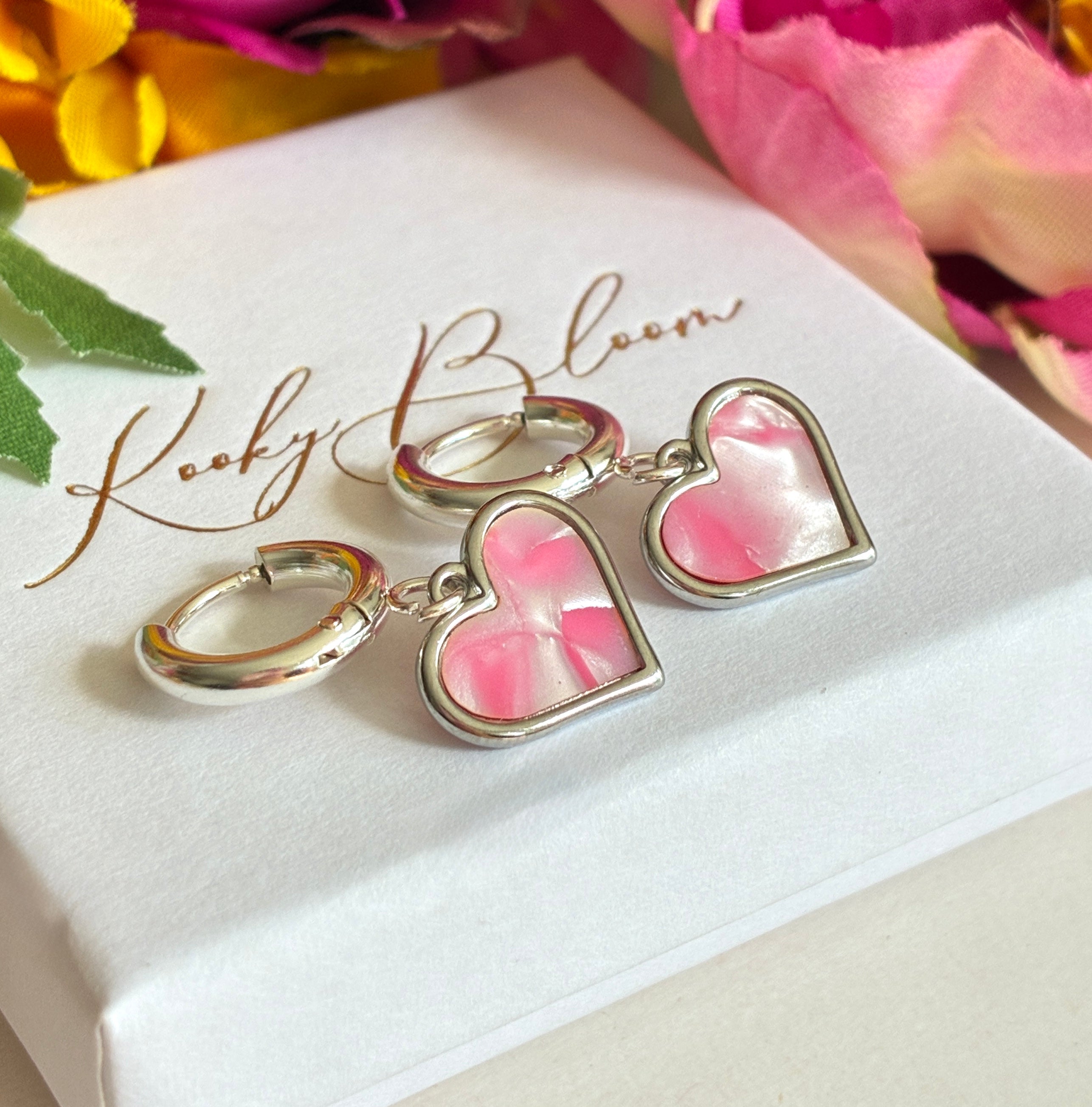 Silver Pink Shell heart Chunky huggie hoop earrings.
