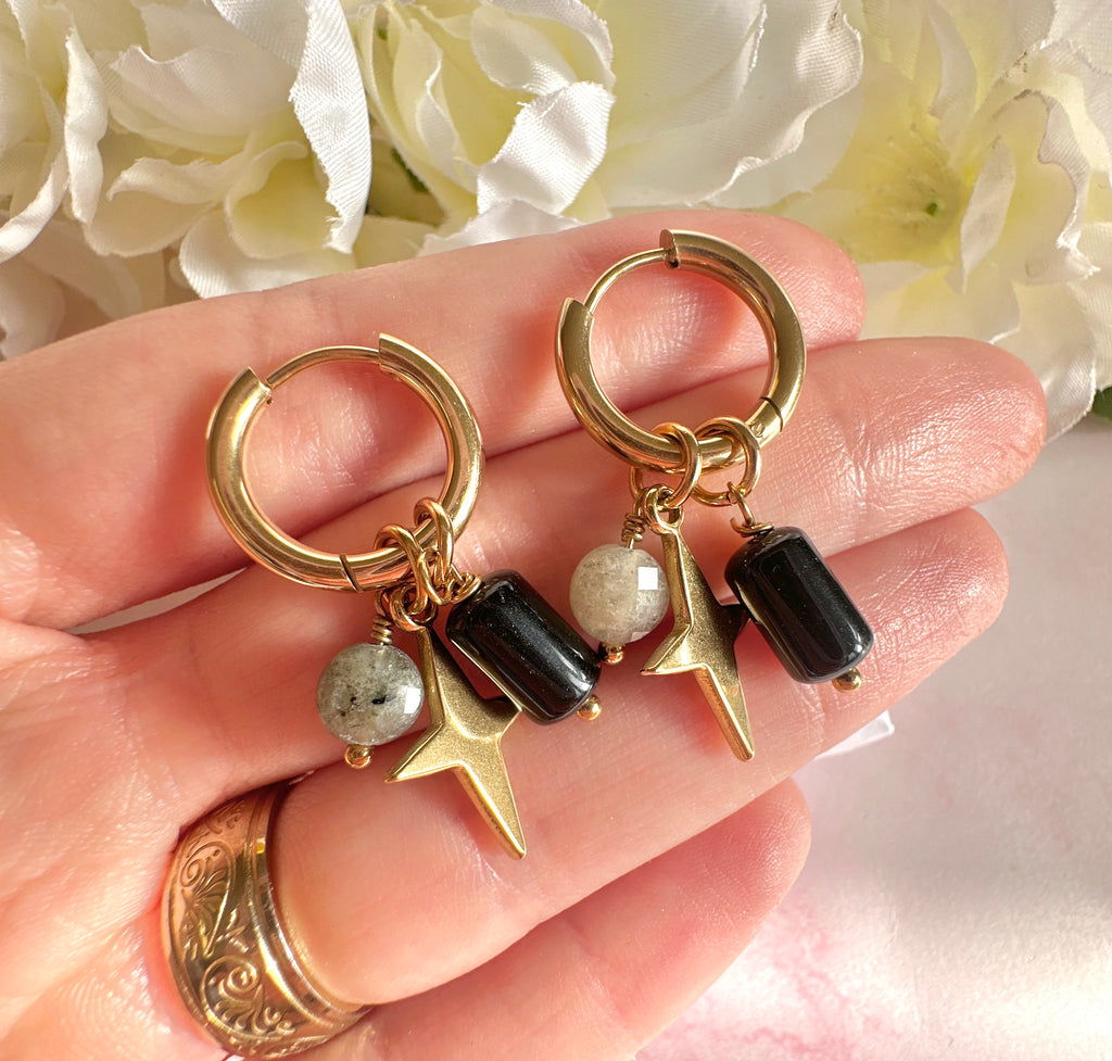 Gold Star Gemstone charm hoop earrings
