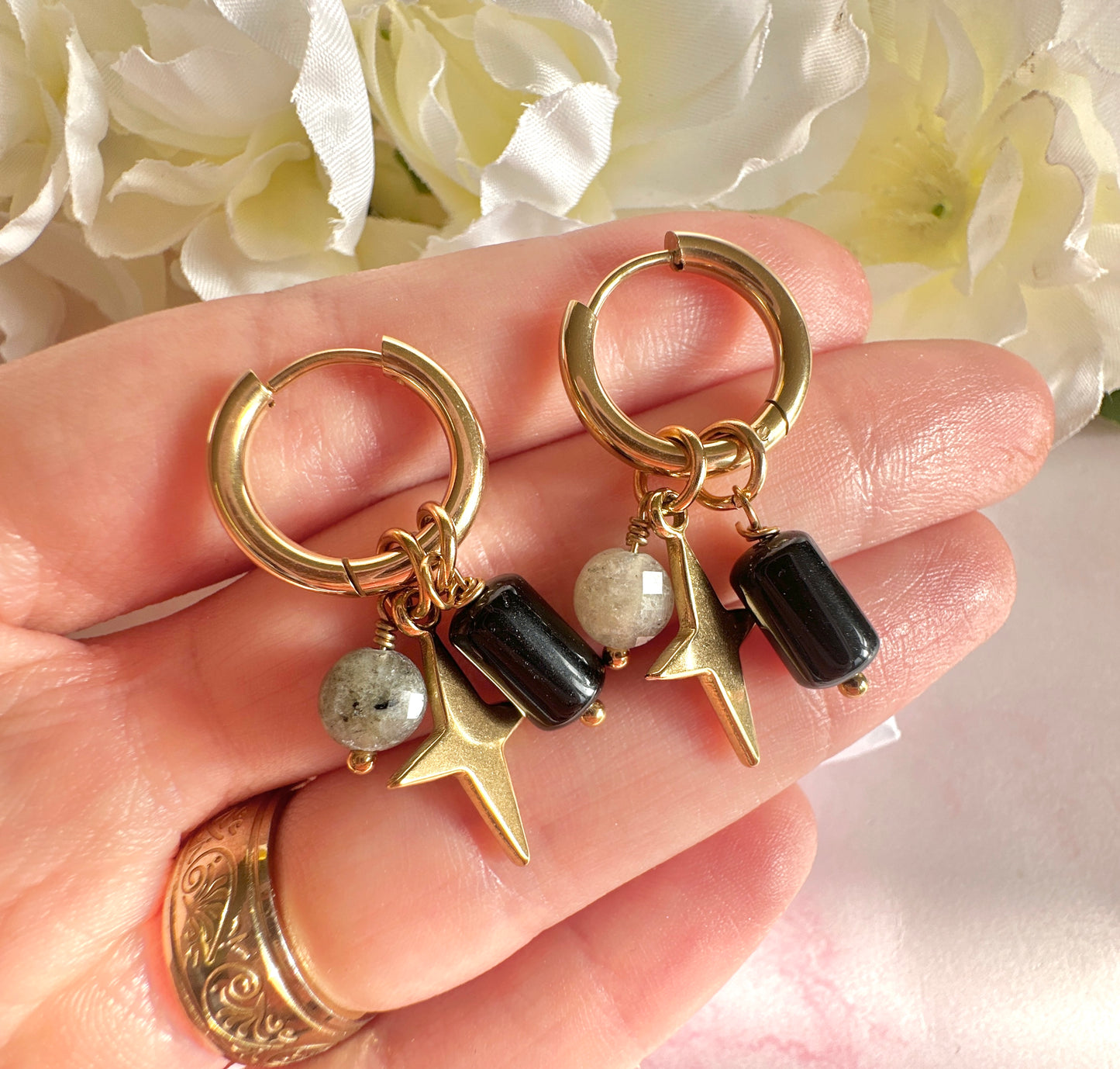 Gold Star Gemstone charm hoop earrings