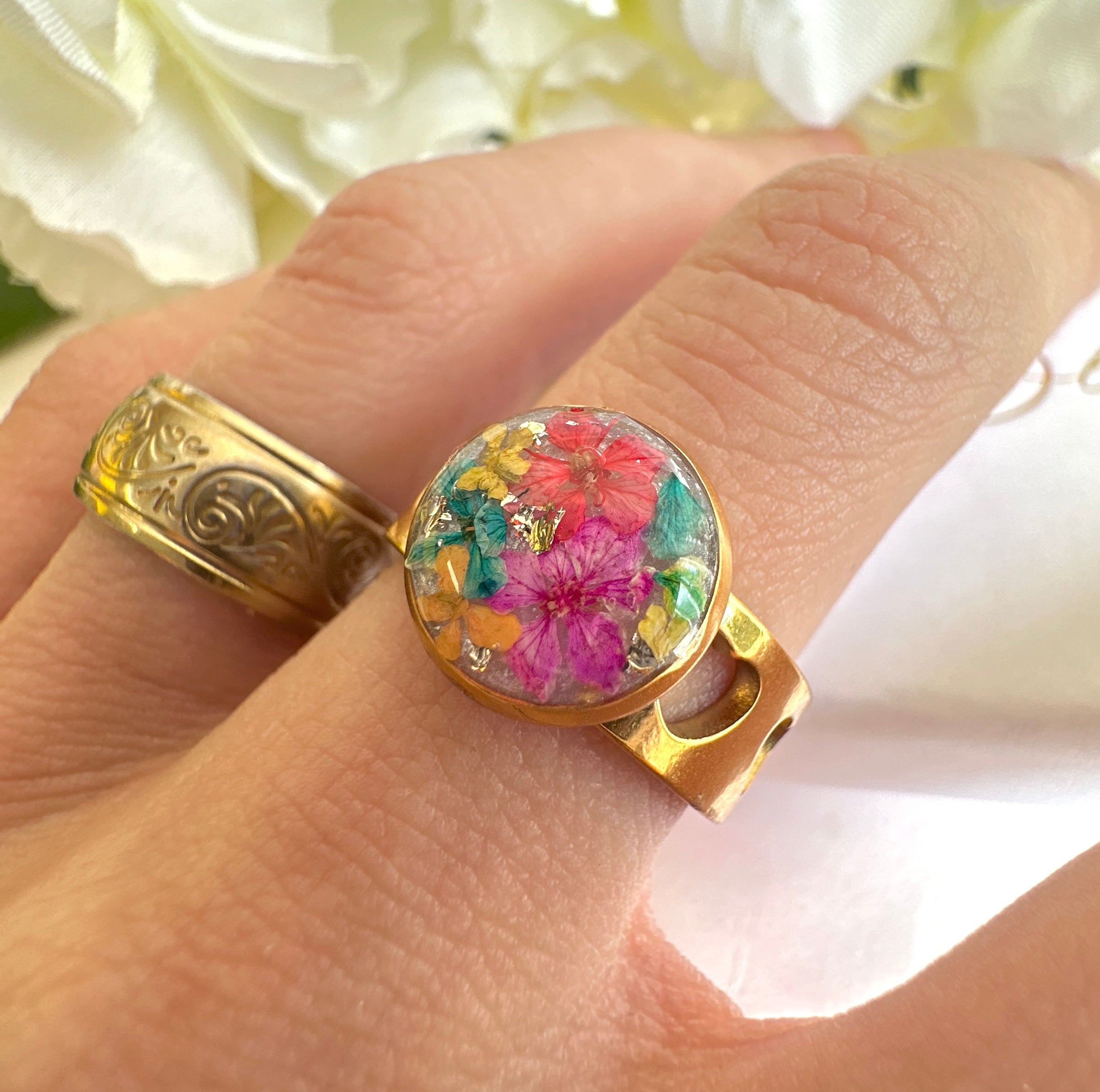 Gold Heart Cut out Multicoloured bloom cuff ring.