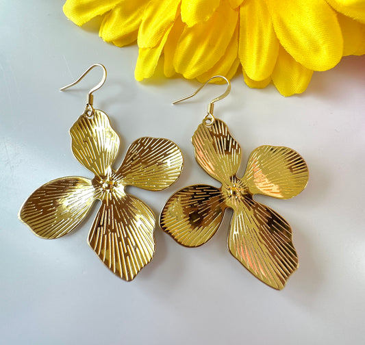 Gold large Hydrangea drop Earrings.
