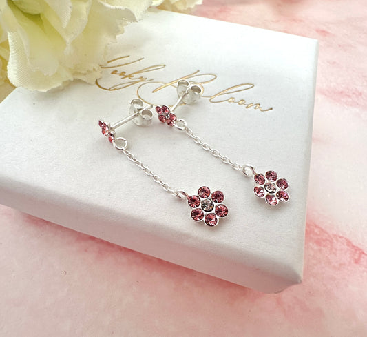 925 sterling silver Pink Cz flower drop stud earrings.