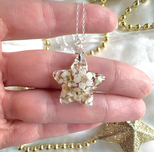 White Bloom real flower silver Star necklace.