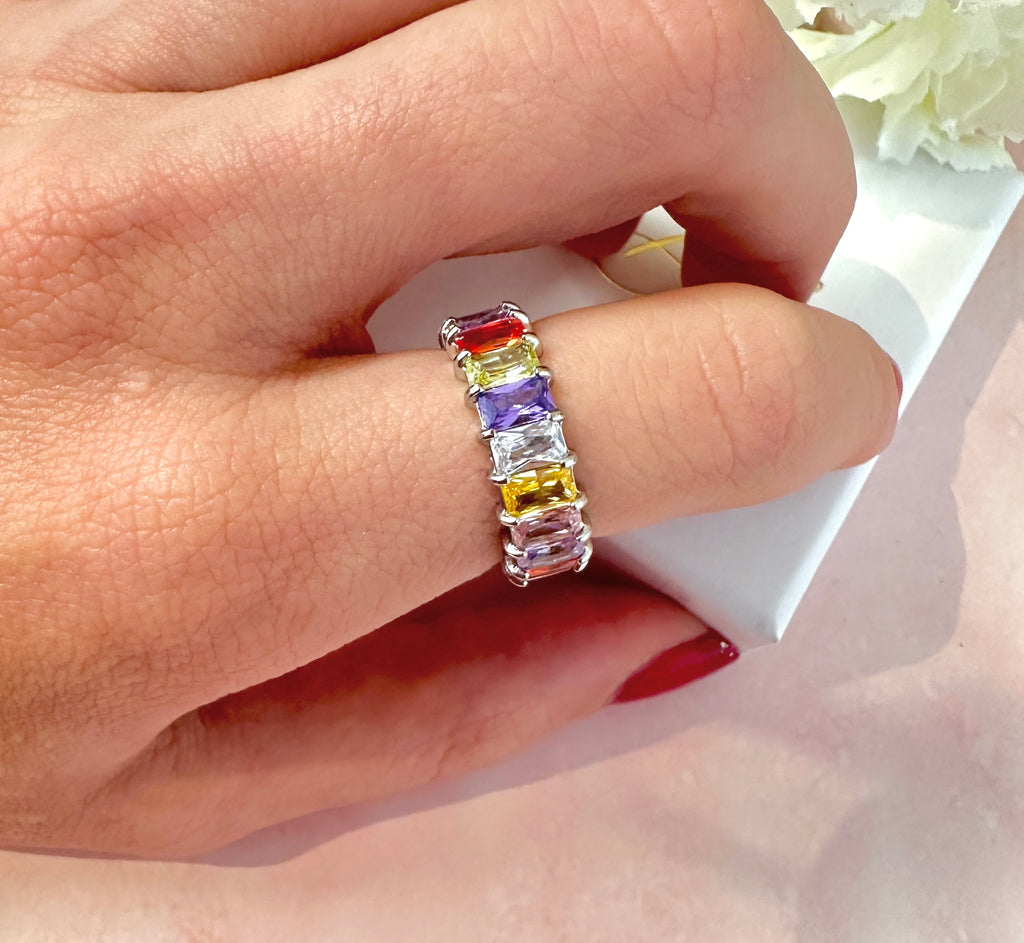 Silver Multicoloured rectangle Stone band ring.