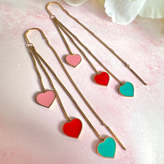 Gold Colourful heart drop thread through earrings.