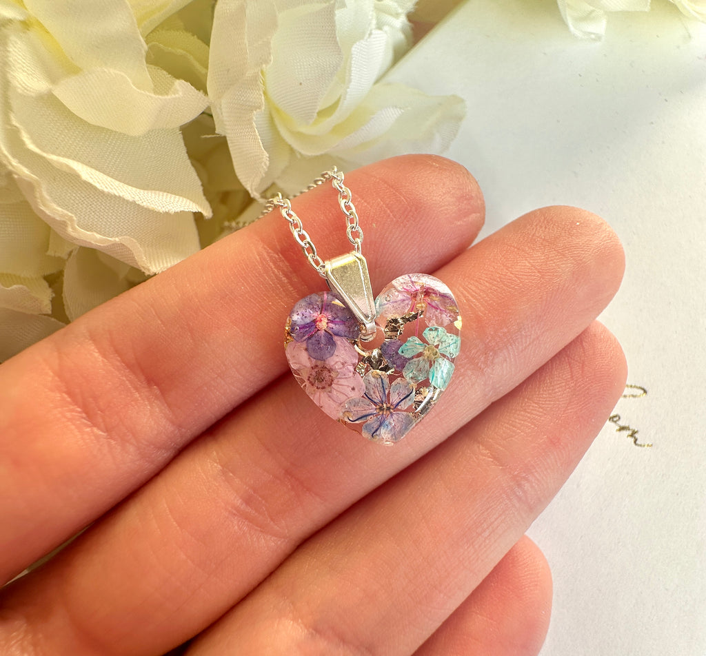 Silver Mini Violet meadow heart necklace.