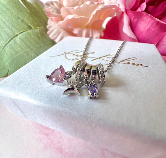 Silver Lilac Pink Cz Heart & Star charm cluster necklace.
