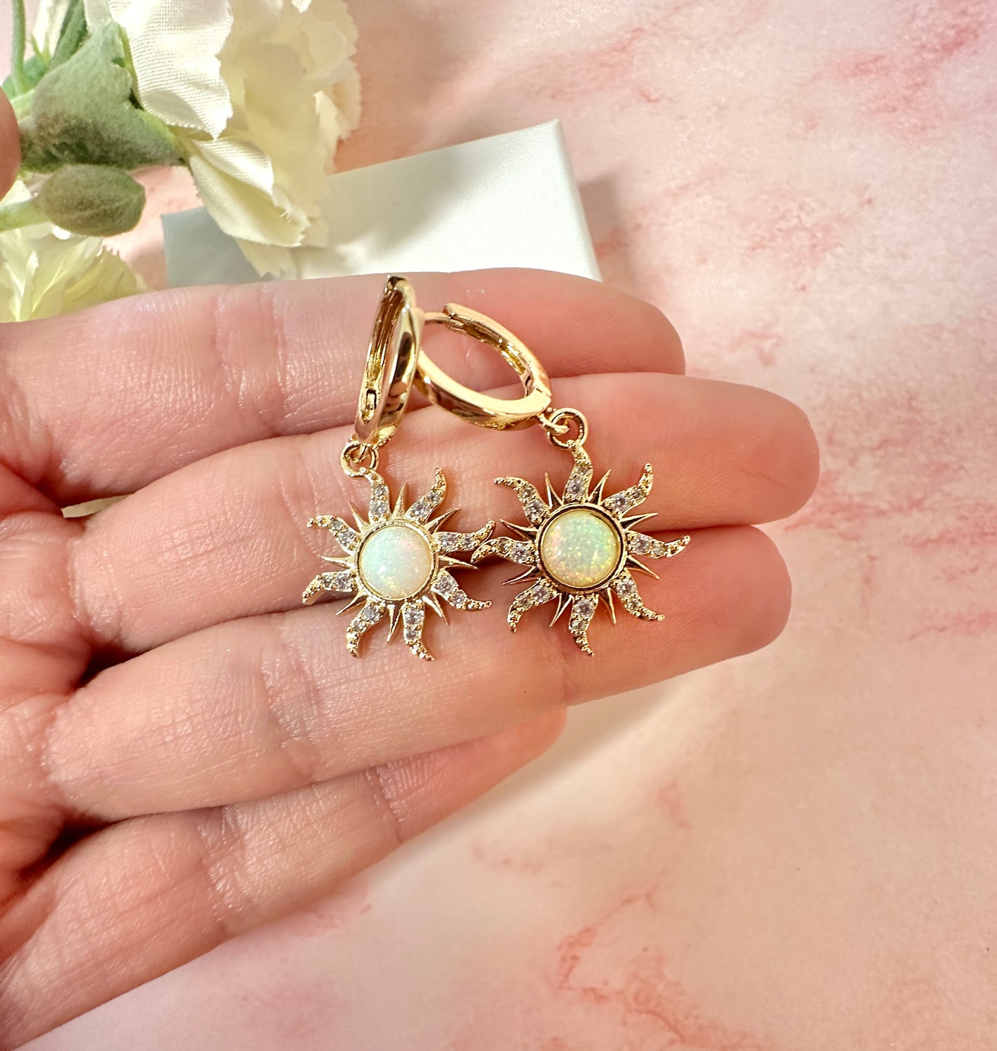 Gold white Opal Sun Huggie earrings.