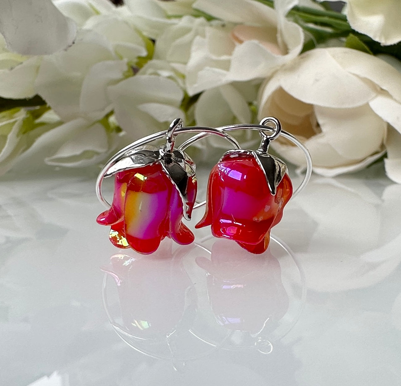 925 sterling silver Red Iridescent Rose Hoop earrings.
