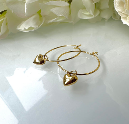 Gold Tiny Puff Heart Hoop earrings.