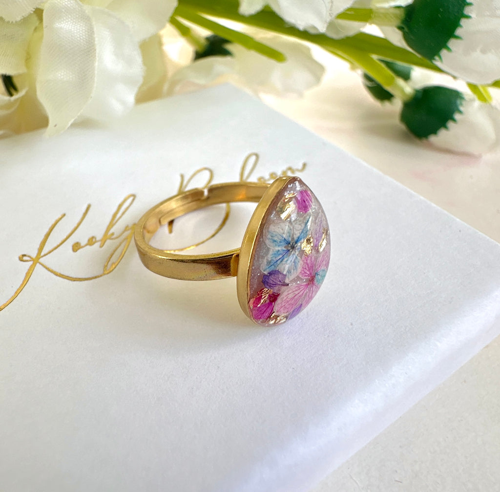 Gold Pink Blue Blossom flower Teardrop ring.
