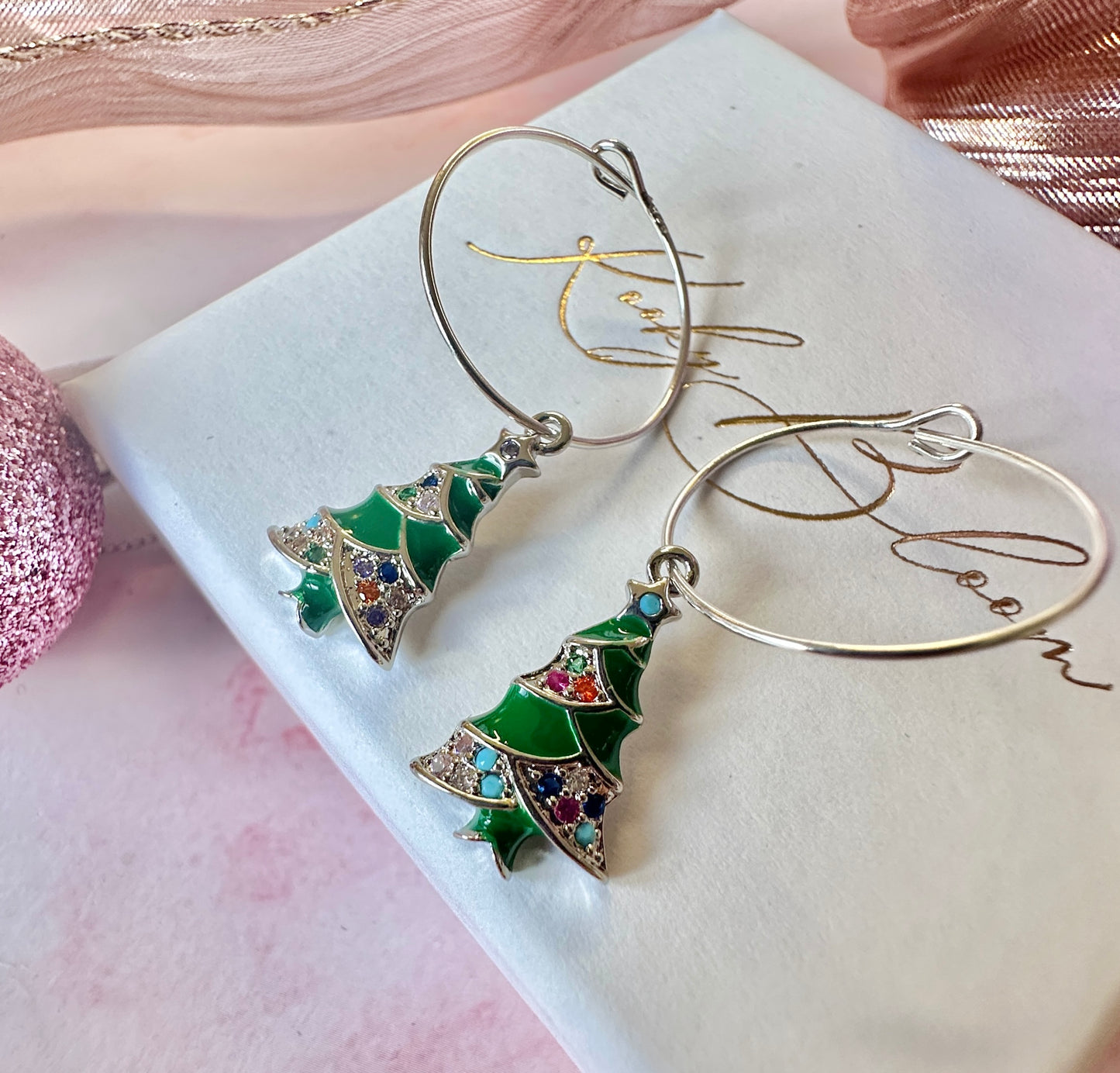 Green colourful Christmas tree Sterling silver hoop earrings.