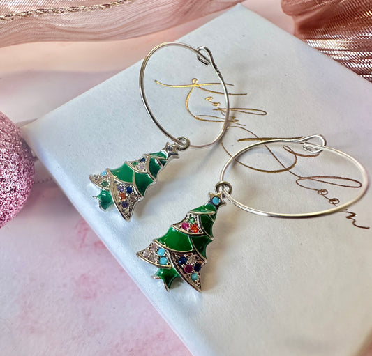 Green colourful Christmas tree Sterling silver hoop earrings.