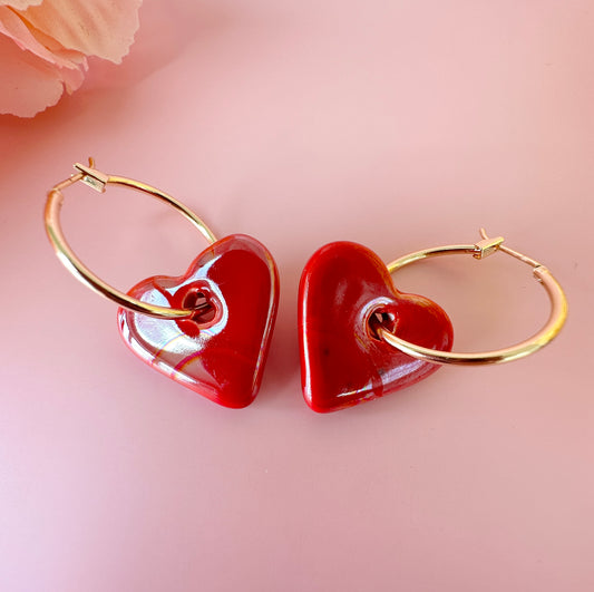 Red Glazed Ceramic Heart earrings.