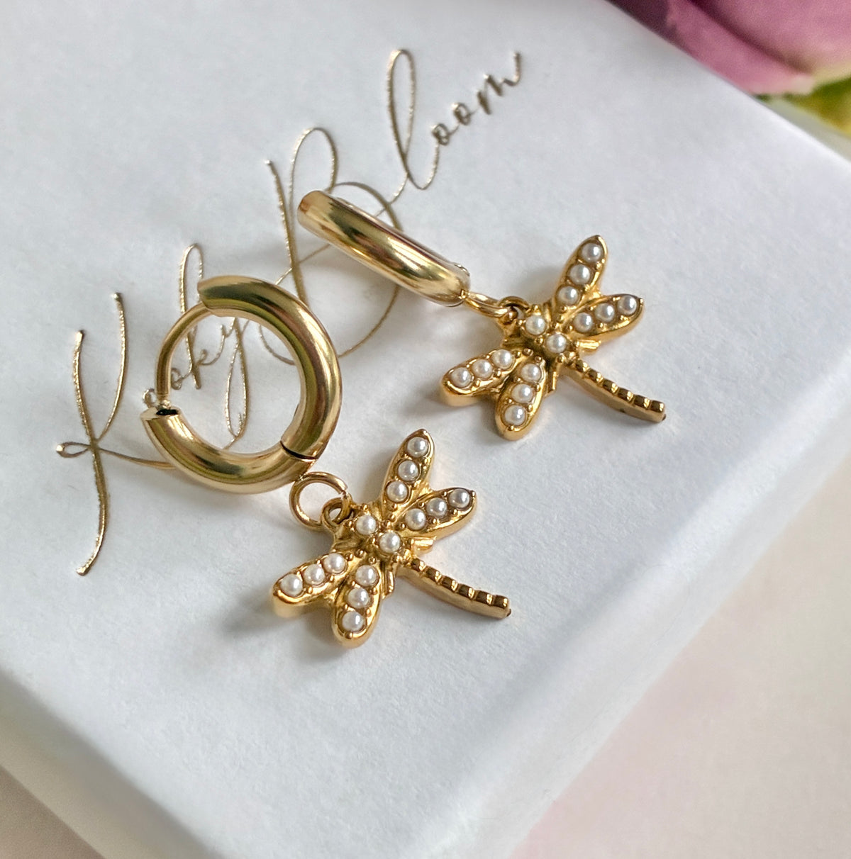Gold Pearl Dragonfly chunky gold huggie earrings