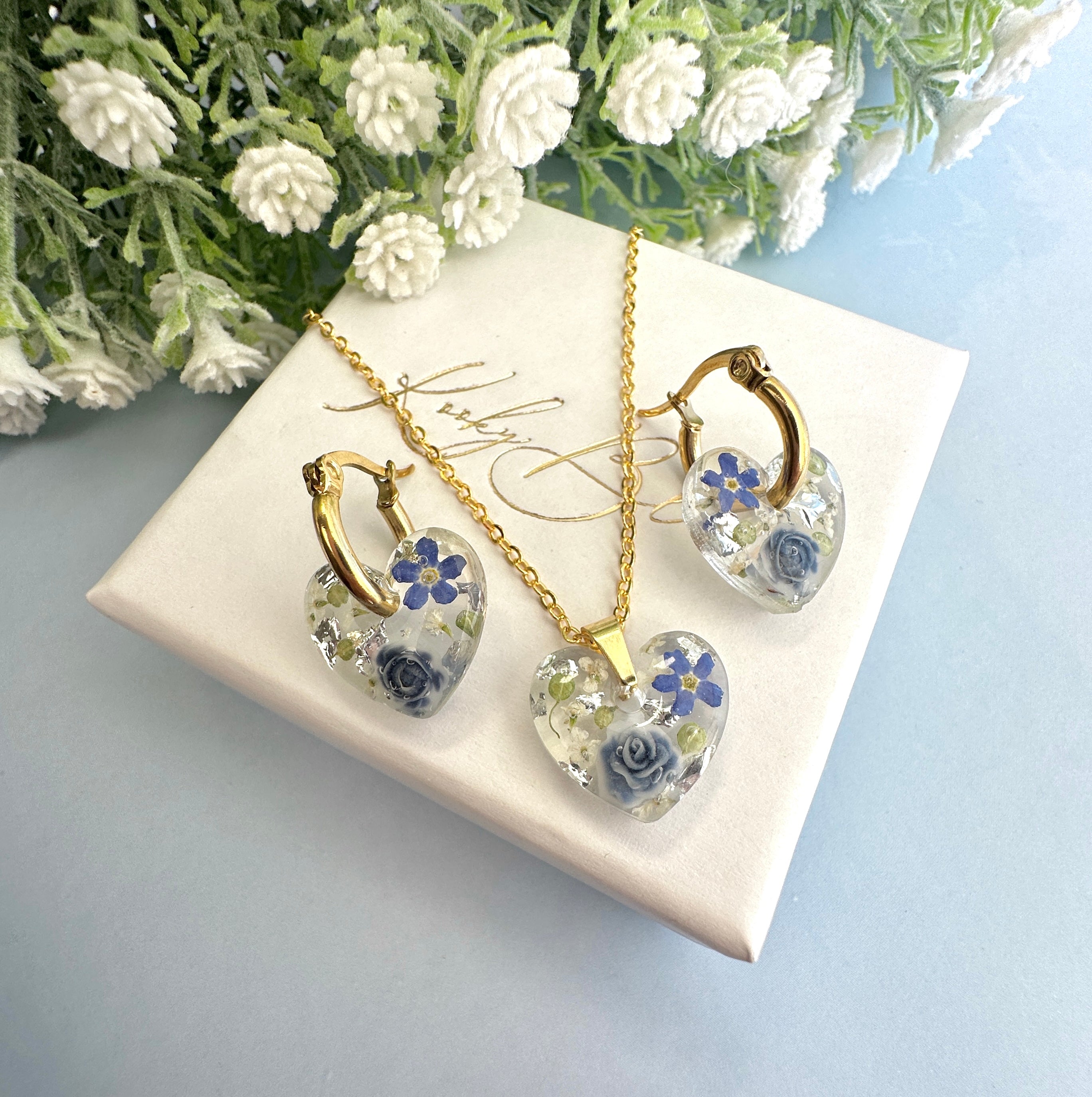 Gold Powder blue Forget me not Mini heart Necklace