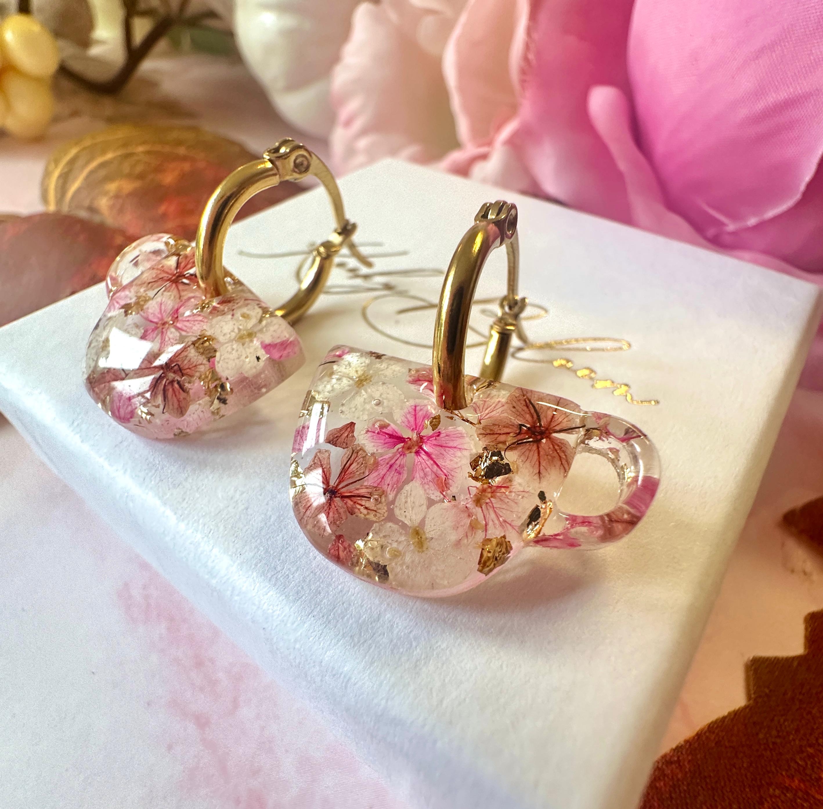 Autumn Brew Bloom flower teacup earrings.