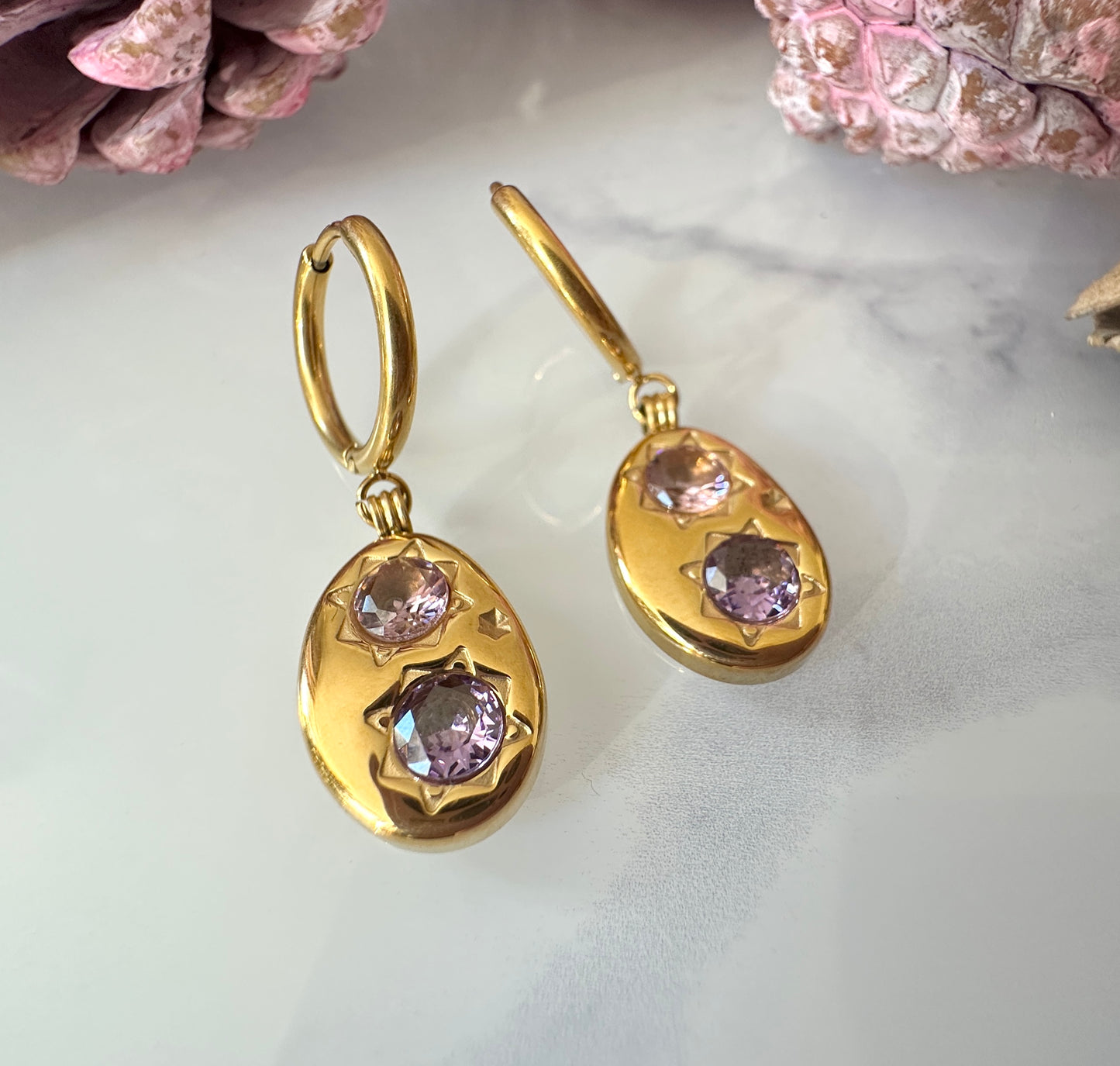 Gold Pink Lilac stone Huggie Hoop earrings.