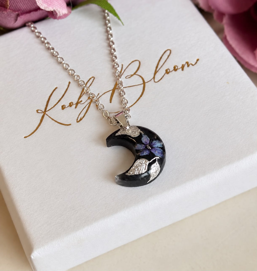 Silver Mystical Dark Moon bloom Necklace.