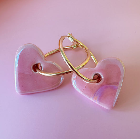 Pink Crackle Ceramic Heart earrings.