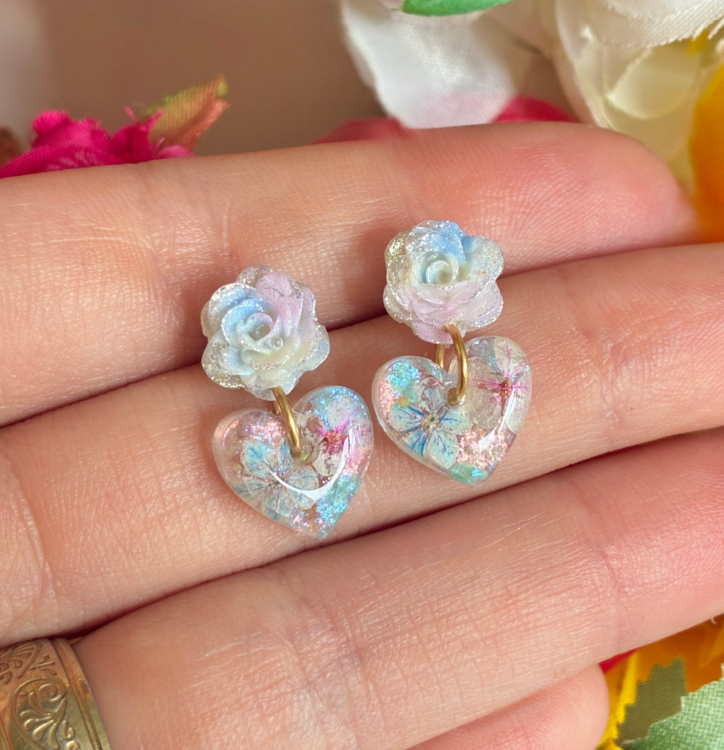 Fairy Dust Rose Heart Drop stud earrings.