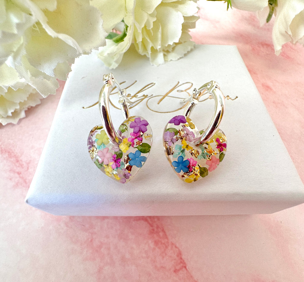 Rainbow Burst bloom heart hoop earrings.