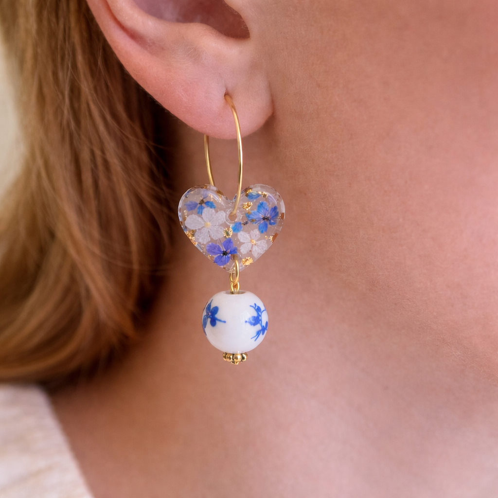 Ceramic Blue willow bead Flower Heart hoop earrings.