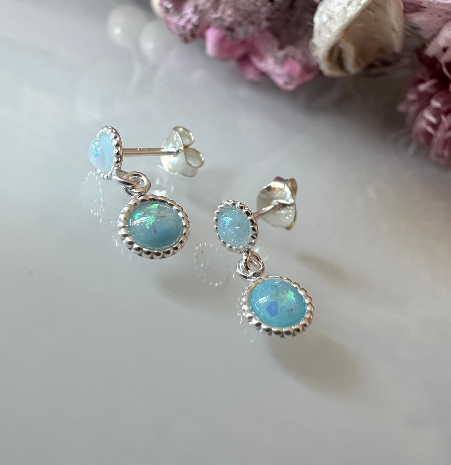925 sterling silver Baby Blue Opal Drop earrings.