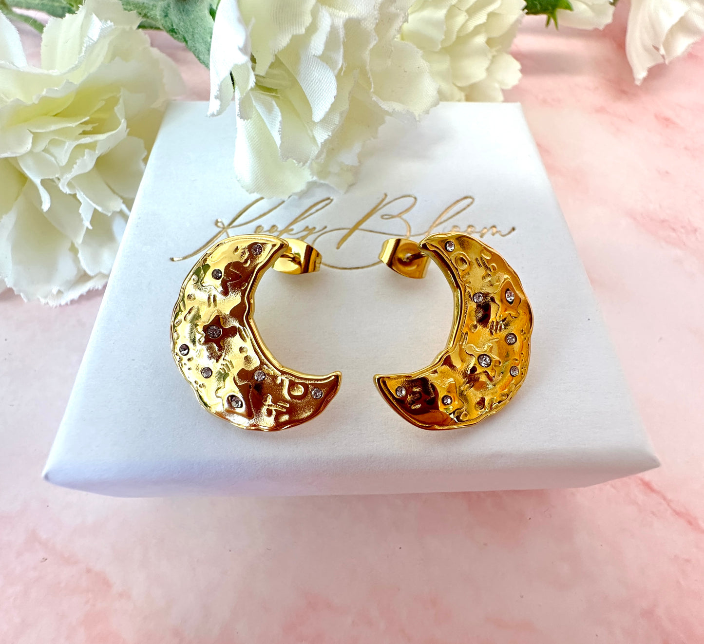 Gold oversized organ CZ Moon stud earrings .