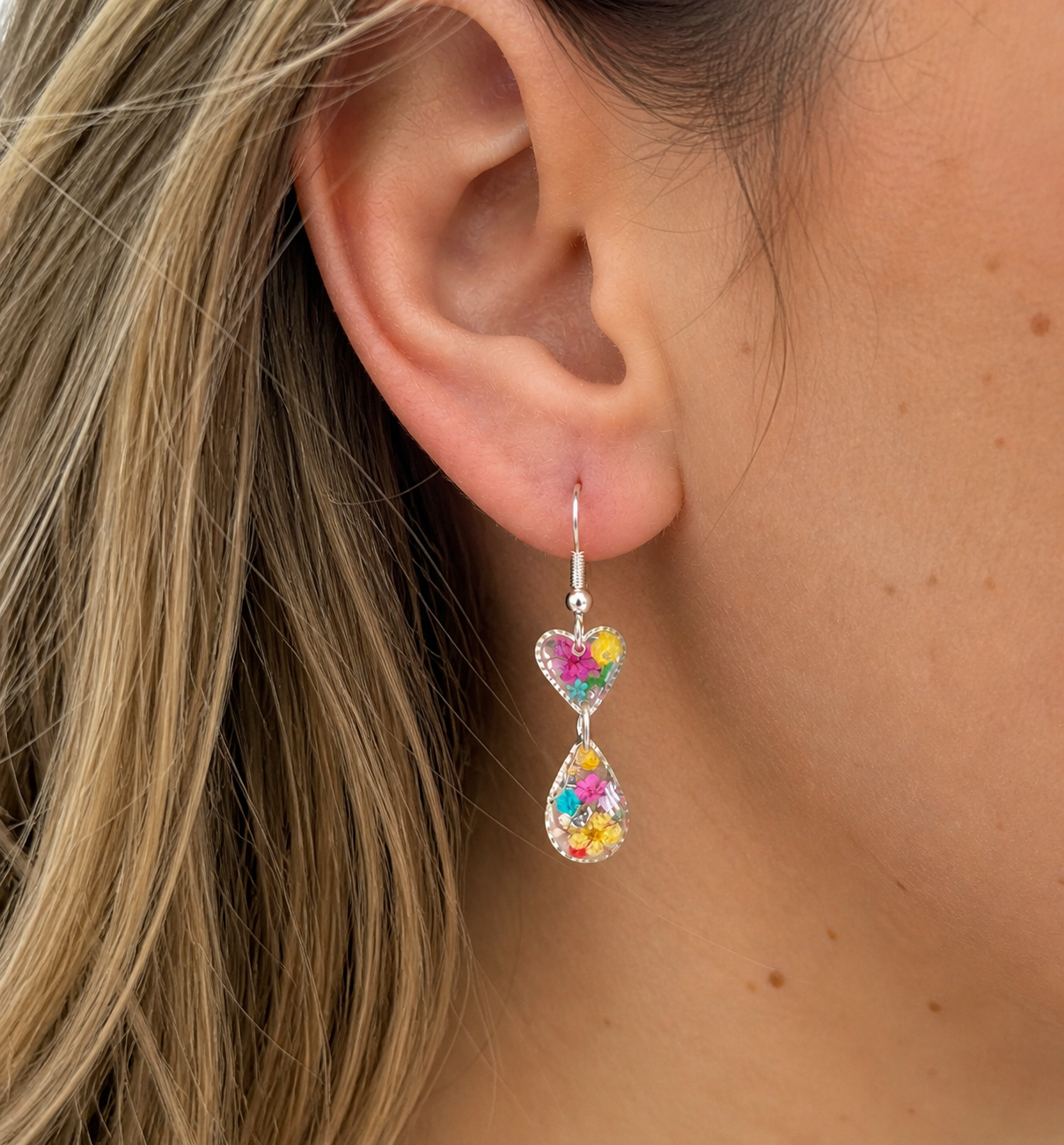 Tiny Rainbow flower heart drop hook earrings.