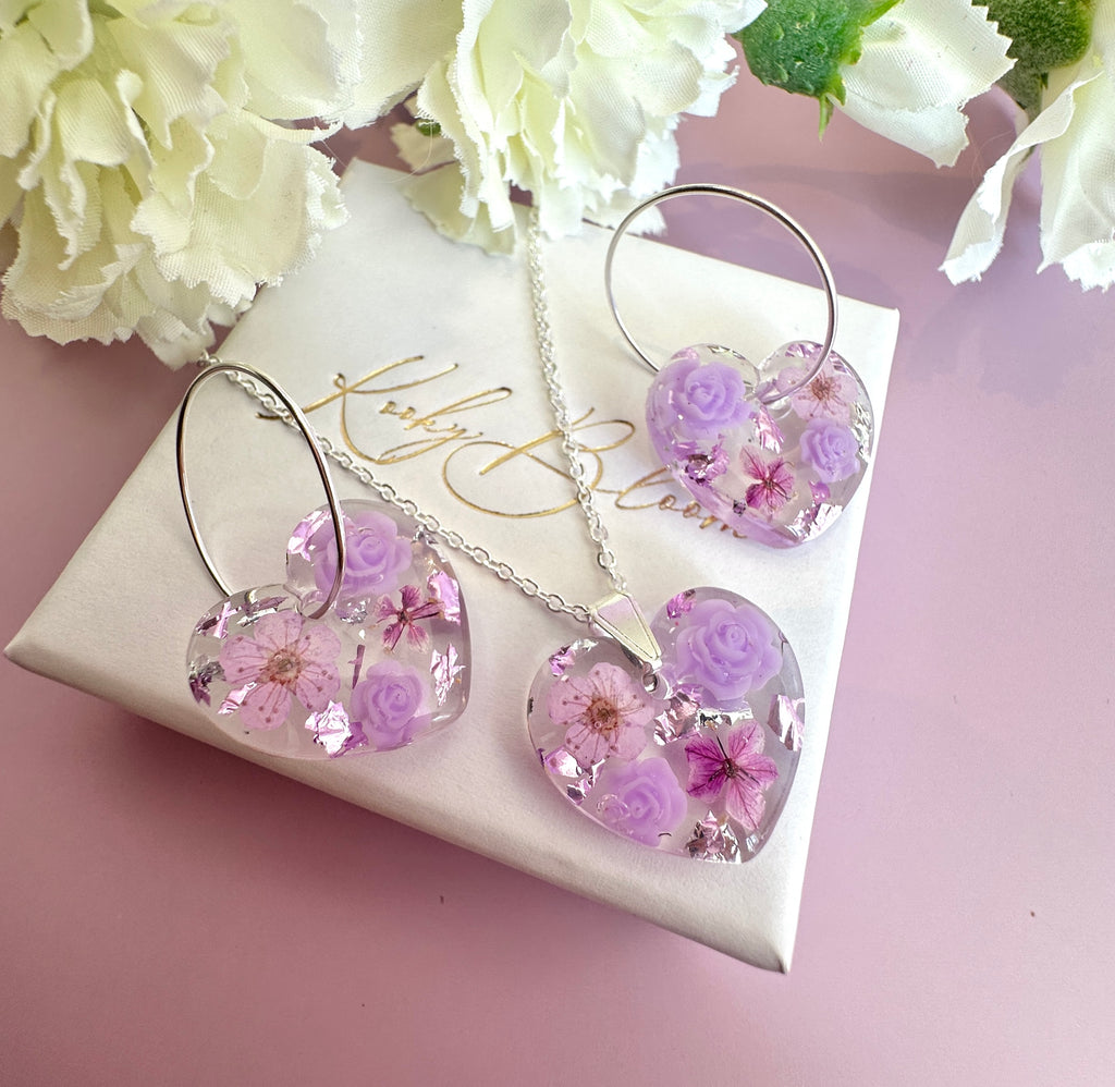 Silver Lilac Rose blossom Heart necklace.