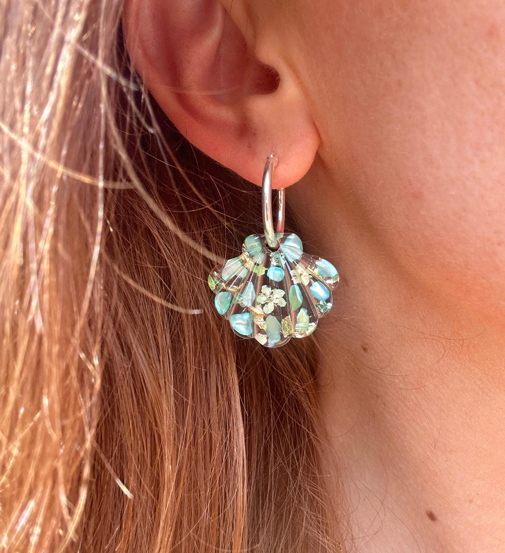 Aqua Seashell bloom hoop earrings.