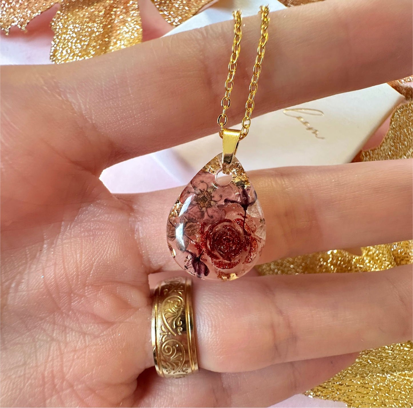 Gold chocolate teardrop necklace.